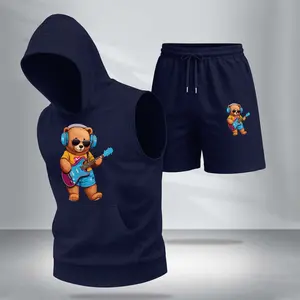 Men's Casual Two-Piece Set: Teddy Bear Athleisure Streetwear — 5-Color Hooded Vest & Shorts — Regular Fit, Sporty-Casual Style, Sleeveless Top & Shorts — Men's Summer Apparel
