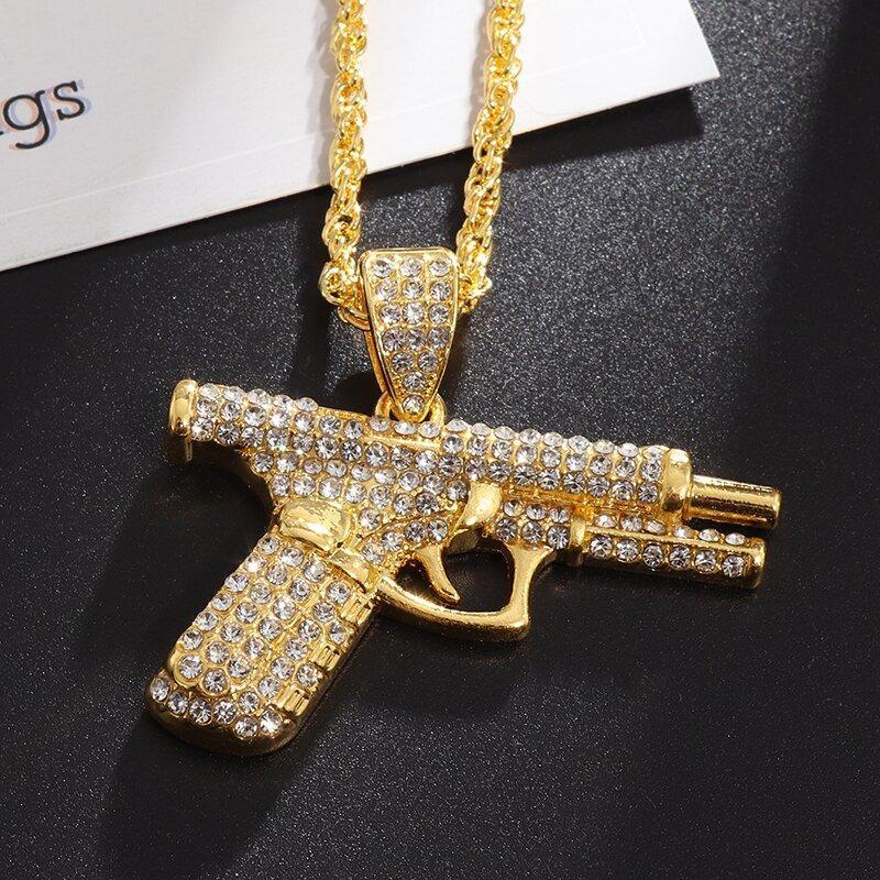 Bling Iced-Out Pistol Pendant Necklace for Men, Hip Hop Street Style Jewelry, Rhinestone Inlay Statement Accessory