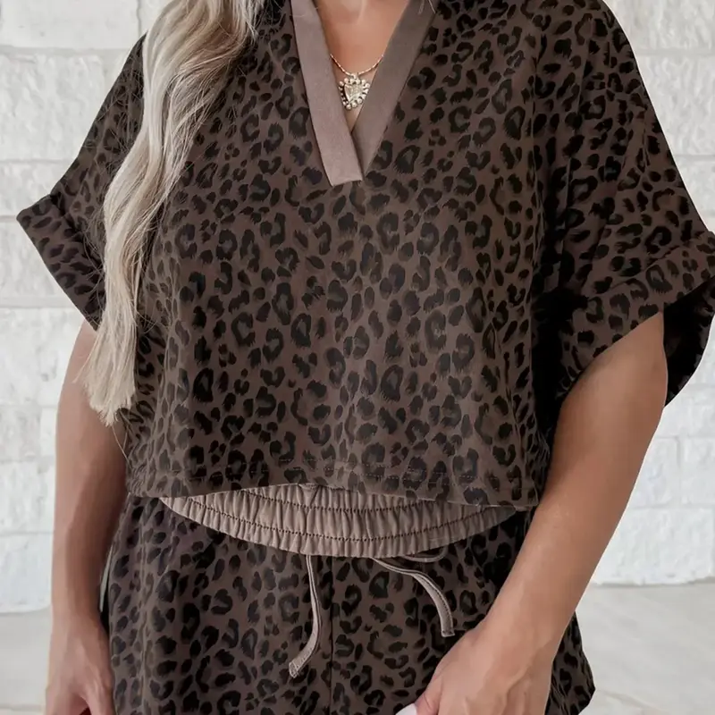 Hotapei Summer Casual V-Neck Leopard Print Short Sleeve Top Fitted Shorts Set Outfit, Two-Piece Short, Stylish, Chic and Comfortable Top Sets