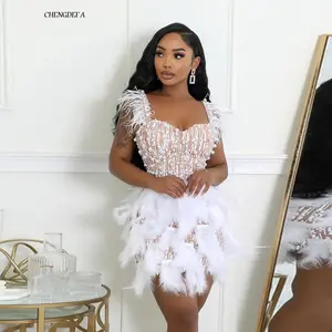 CHENGDEFA two-piece set woman New Women's Dress with Nail Beads and Feathers, V-neck Waist Cinched Short Dress, Summer 2025