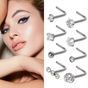 Hypoallergenic 20g titanium nose studs/rings, L-shaped labret lip piercing jewelry with cubic zirconia opal heart ball, unisex