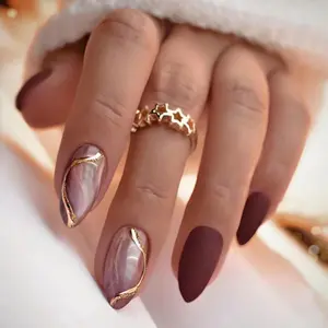 Acrylic Press Nails Almond Press On Nails 24 Pcs Medium Length Fake Nails with Gold glitter Press On False Nails Press on Nail Acrylic