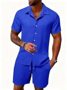 Men's Striped Print Button Up Shirt & Shorts Set, Regular Fit Casual Short Sleeve Collared Top & Shorts, Men's Summer Clothes for Daily Wear, Matching Set, Menswear Tropical Formal Stylish Love Suit Shortsleeve