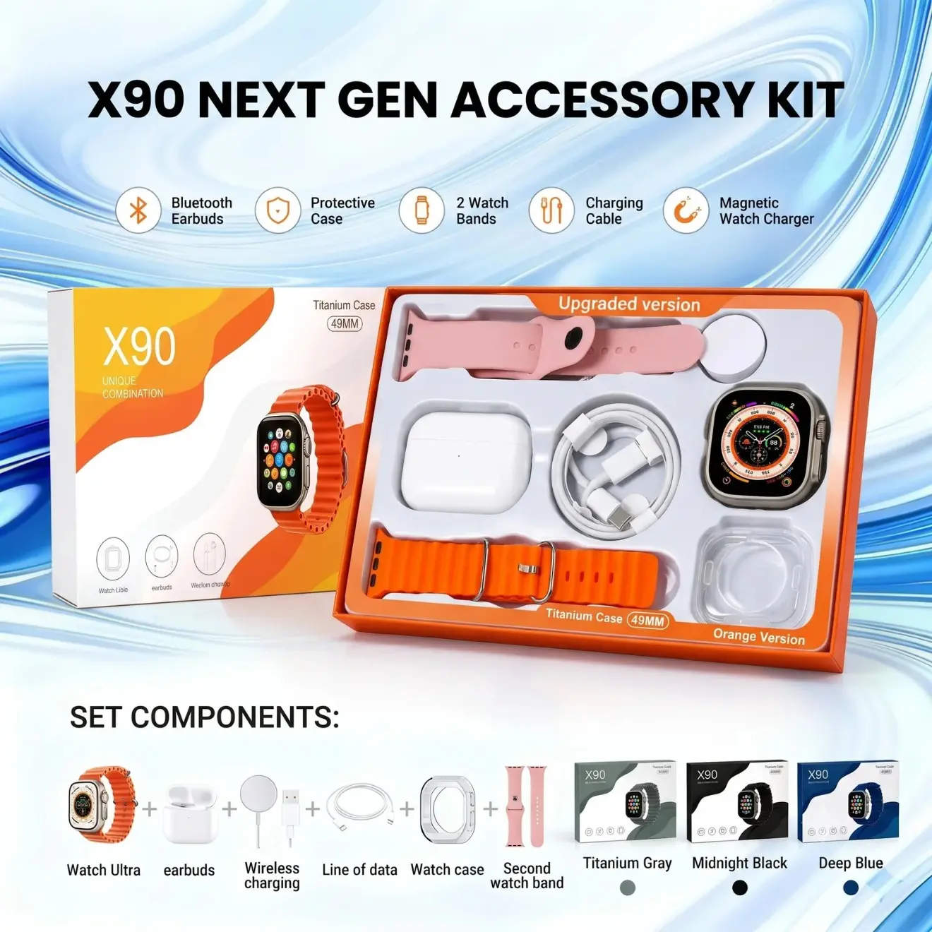 Wearable Device Kit with Bluetooth Earbuds, Magnetic Charger, Type-C Cable & Protective Case