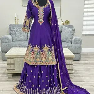 Indian Embroidered Frock Shirt with Lehenga and Beautiful Dupatta in Purple Color for Traditional Wear