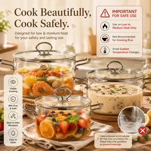 3.5/4.5/5.5L Glass Saucepan with Cover,Stainless Steel Handle Cookware,Clear Glass Pasta Pot, Cooking Pot for Home Kitchen,Handmade Glass Cookware Set Cooktop Safe for Pasta Noodle, Soup, Milk, Baby Food