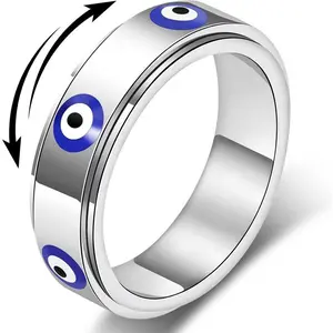 Evil Eye Fidget Ring for Women - 18K Gold Plated Stainless Steel Spinner Rings for Anxiety Relief, Ojo Turco Ring Luck Amulet, Turkish Faith Protection Stackable Jewelry Gift for Women Men