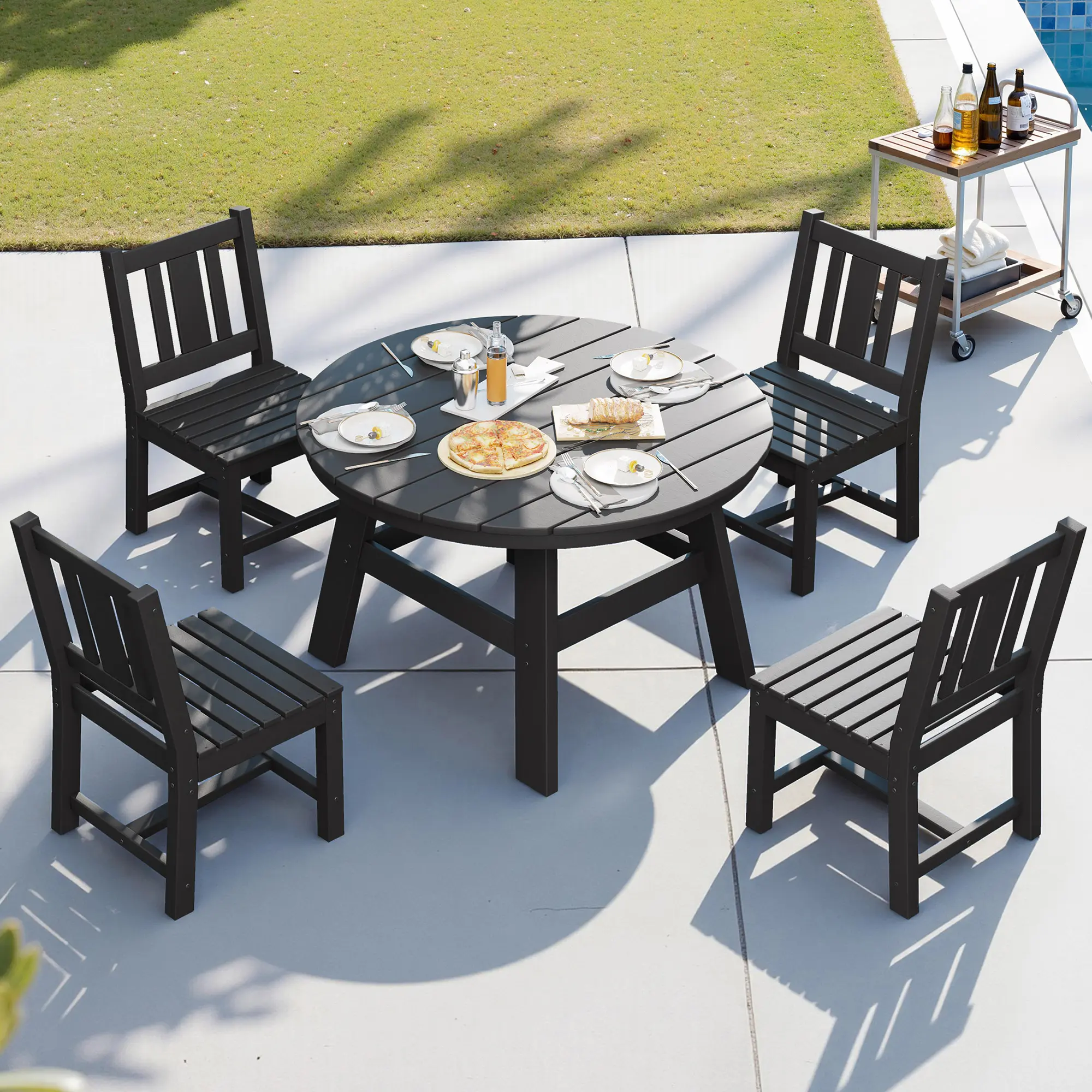 [Ships in 2 Boxes] [TiktokShopStockUp] ALBOTT HDPE Plastic Outdoor Dining Set for 4 (Patio Set), 46.9" Round Table with 1.7" Umbrella Hole, 4 Without Arms Chairs with 105° Backrests, All-Weather Design, Modern Home Decor