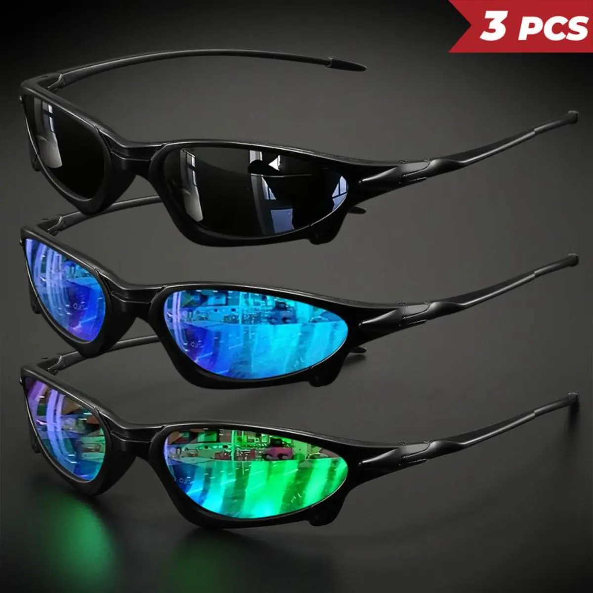 3-Pack Y2K Futuristic Wraparound Sunglasses for Women, Men's Sunglasses, Full Rim Colorful Polarized UV400 Lightweight Mirror Finish Shield Shades for Outdoor Sports, Cycling