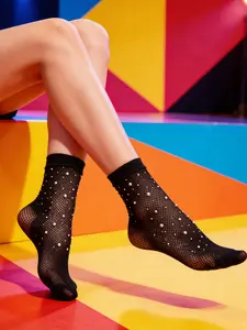 Women's Sexy Fashion Rhinestone Mesh Tube Socks, Casual Fitted Design, All Seasons Wear, Plain Pattern, Comfortable and Stylish