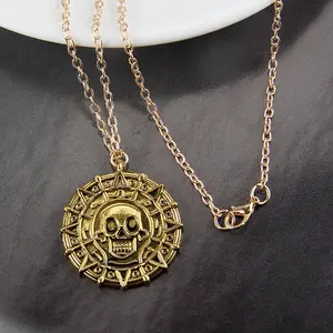 Movie Accessories Akg Pirates Of The Caribbean Aztec Gold Color Coin Necklace Retro Skull Pendant Punk Hip Hop Necklace