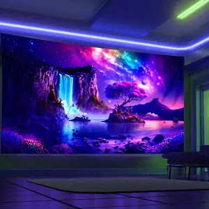 1pc Polyester Waterfall Theme Tapestry, Large Starry Print Fluorescent Hanging Decor, with Free Accessories, for Bedroom, Living Room Home Supplies