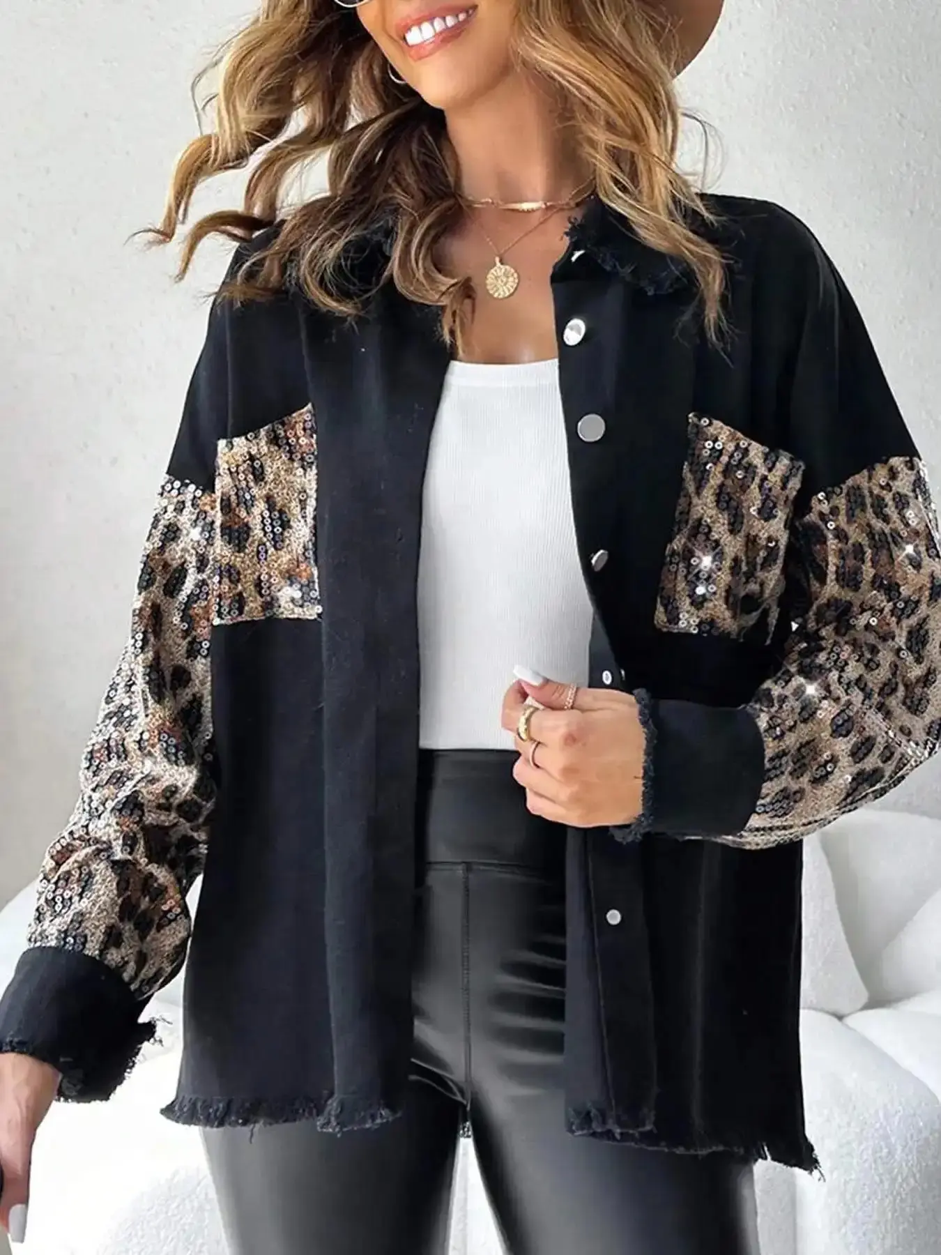 Women's Denim Leopard Sequin Shirt Jacket Coats, Womenswear, Long Sleeves, Vintage Cool Casual Statement Style, Fringe Design, Perfect for Streetwear, Daily Wear, Parties, Tops, Classic Design, Style Essential