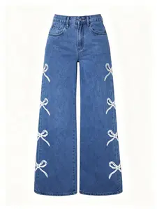 Women's Elastic Mid-Waist Wide-Leg Jeans, Loose Fit Floor-Length Denim Cotton Pants, Butterfly Print, Casual All-Season Wear, Womenswear