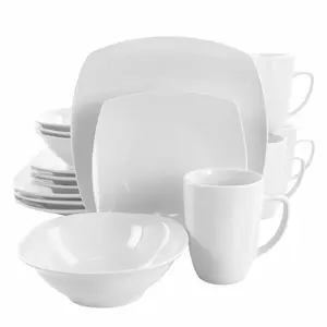 Elama EL-BISHOP16PC Bishop Soft Square Porcelain Dinnerware Set, White - 16 Piece