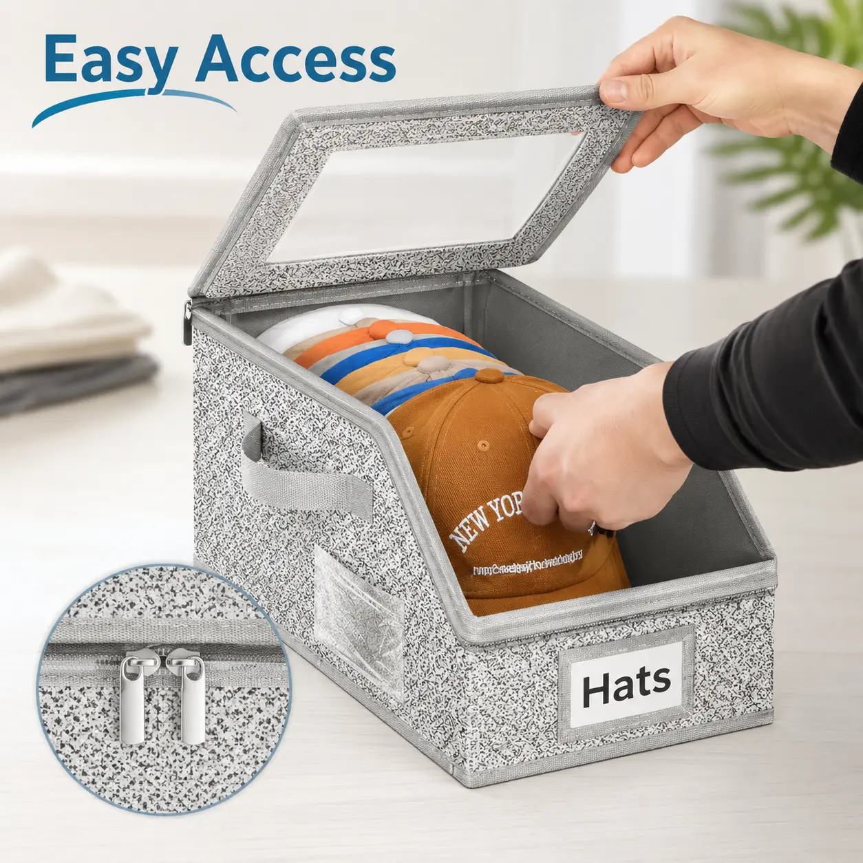 Classic Style Durable Cardboard Hat Bin with Lid, Window-Equipped Closet Organizer, Holds 24 Baseball Caps, Men's Wardrobe Solution, Closet Organization Box, Cap Organizers, Label for Quick ID, Bulk Storage Organizer