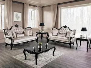 FM65001ES 2 pc Acapulco off white patterned fabric traditional sofa and love seat set with black wood trim