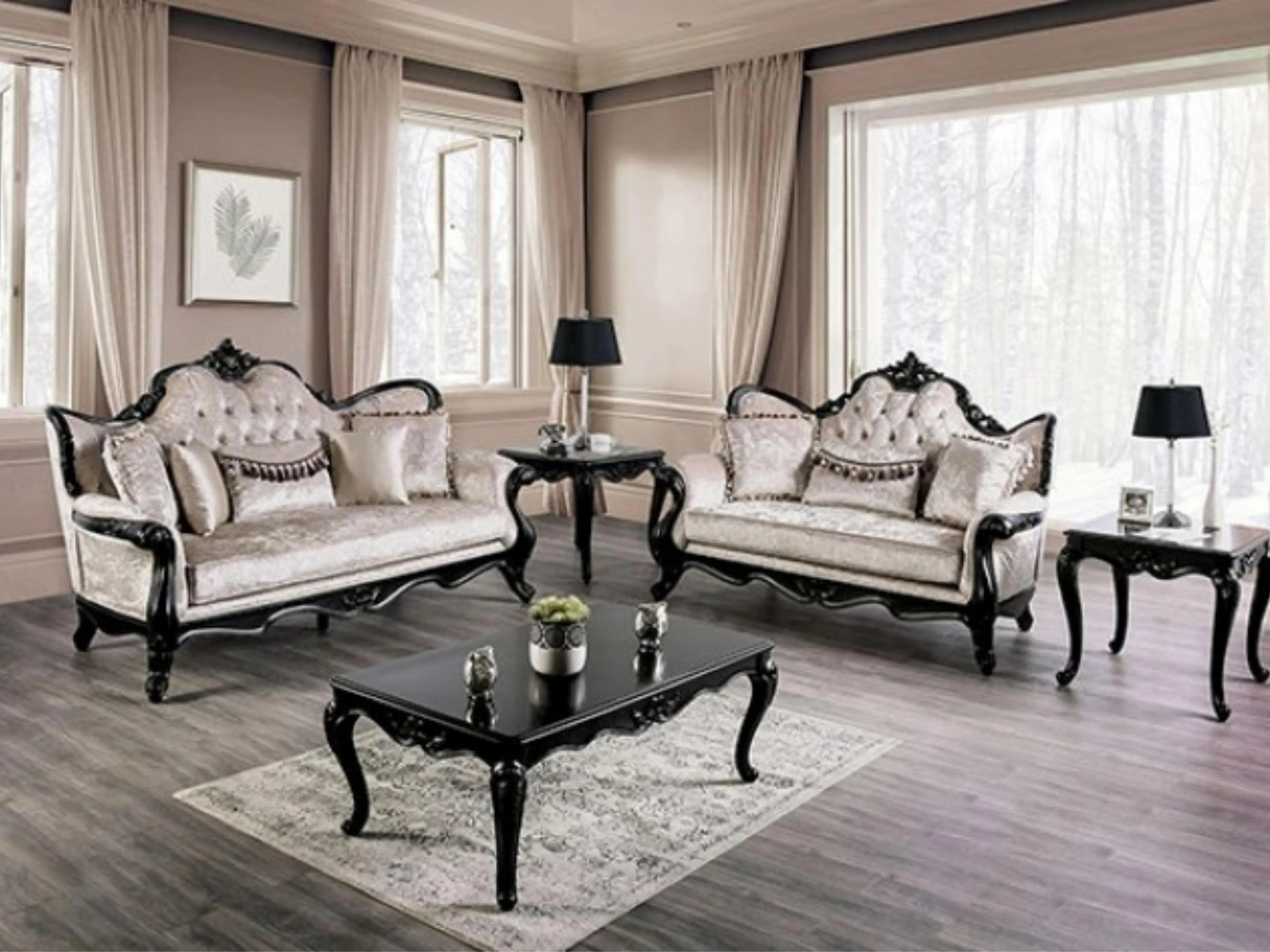FM65001ES 2 pc Acapulco off white patterned fabric traditional sofa and love seat set with black wood trim