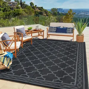Outdoor Rug Waterproof for Patios, Reversible Outdoor Plastic Straw Camping Rug Carpet, Large Area Rugs Mats for RV, Picnic, Backyard, Deck, Balcony, Porch, Beach, Modern Treillis UV Resistant Carpet Mat