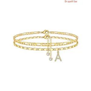 Women Layered Anklet Set A-Z Initial Pendant Adjustable Waterproof Hypoallergenic Fashion Foot Jewelry For Daily Wear