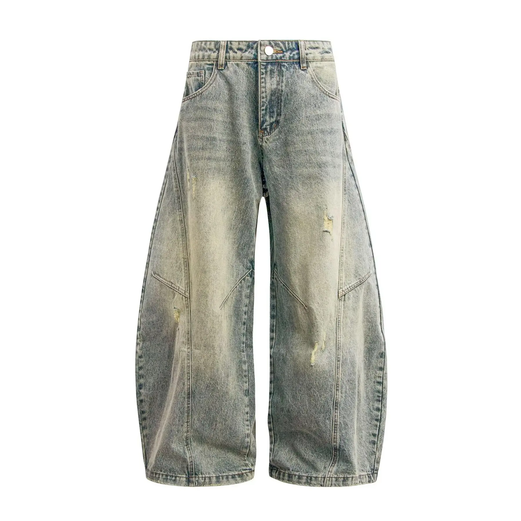 Inflation Men's Light Blue 3D Split Vintage Ripped Diamond Denim Jeans - Wide-Body, Worn-Out, Buckle-Free, Labelless, Baggy Pull-On Loose Washed, Height-Increasing Street Style Casual All-Season Menswear Bottoms, Wide-Body Men's Jeans, Denim Men's Jeans