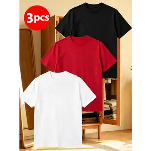 Slim Fit White and Black and Deep Navy Blue and Nardo Grey and red  Tees Crewneck (3 Pack)