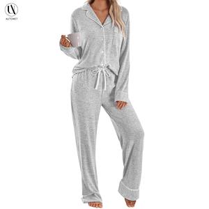 Automet Women's Pajama Sets Long Sleeve Button Down Sleepwear Nightwear Soft Pjs Lounge Sets Grey Minimalist Basic Top & Bottom Loungewear for Homewear