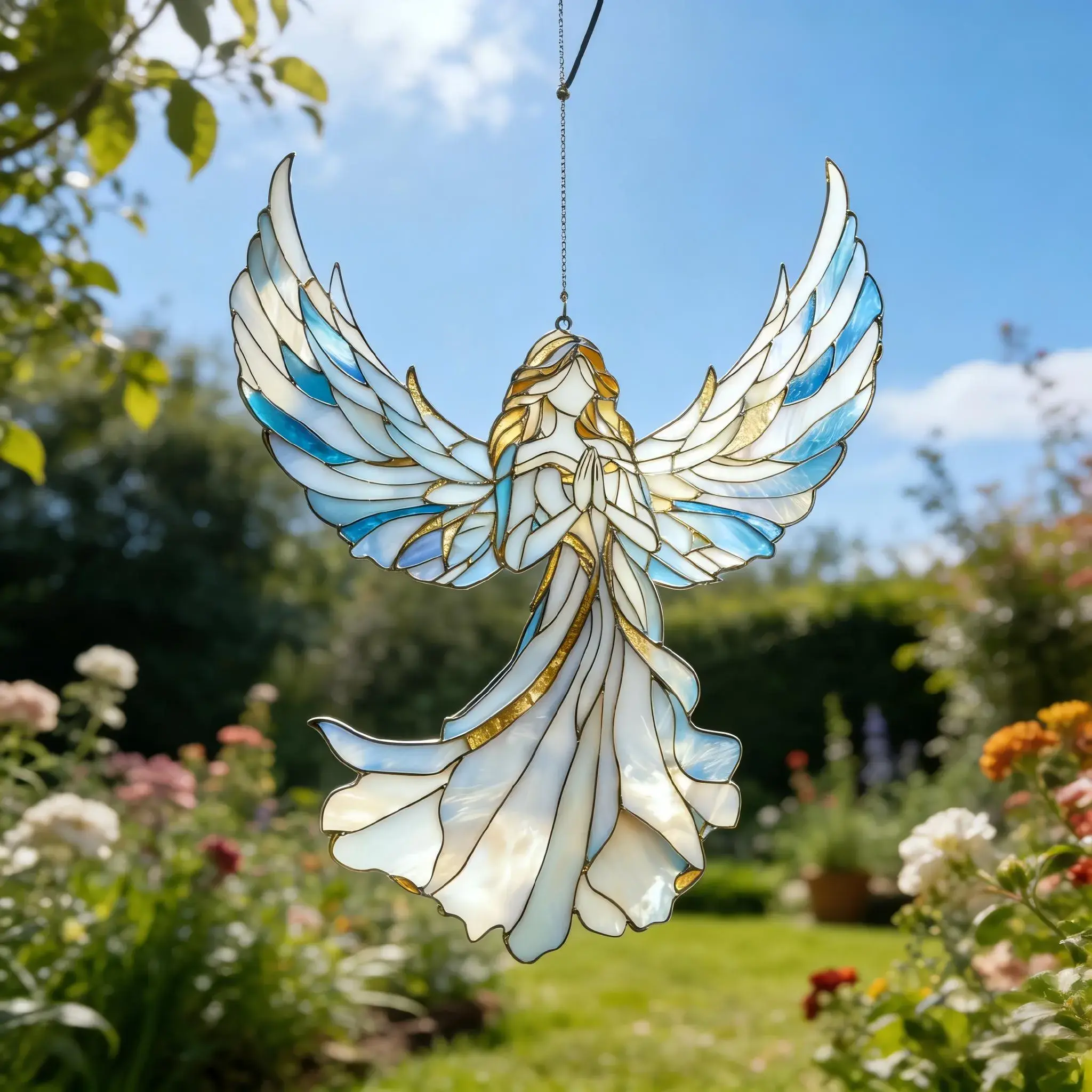 Birthday Present, Handcrafted Praying Angel Suncatcher, Stained Glass Mosaic, Winged Window Hanging, Prism Accent, Boho Ornament