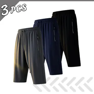 3PCS Quick Dry Ice Feeling Casual Shorts Drawstring Waist Head Zipper Pocket Comfortable Breathable Trendy Five Point Pants Daily Sports Outfit Set