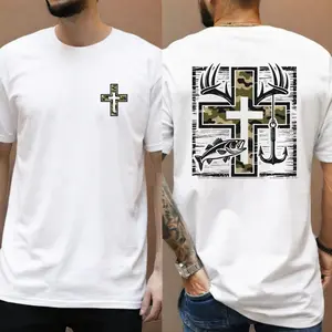 Men’s Outdoor Faith T-Shirt, Front and Back Print Camo Cross with Antlers, Hook and Fish Graphic Tee