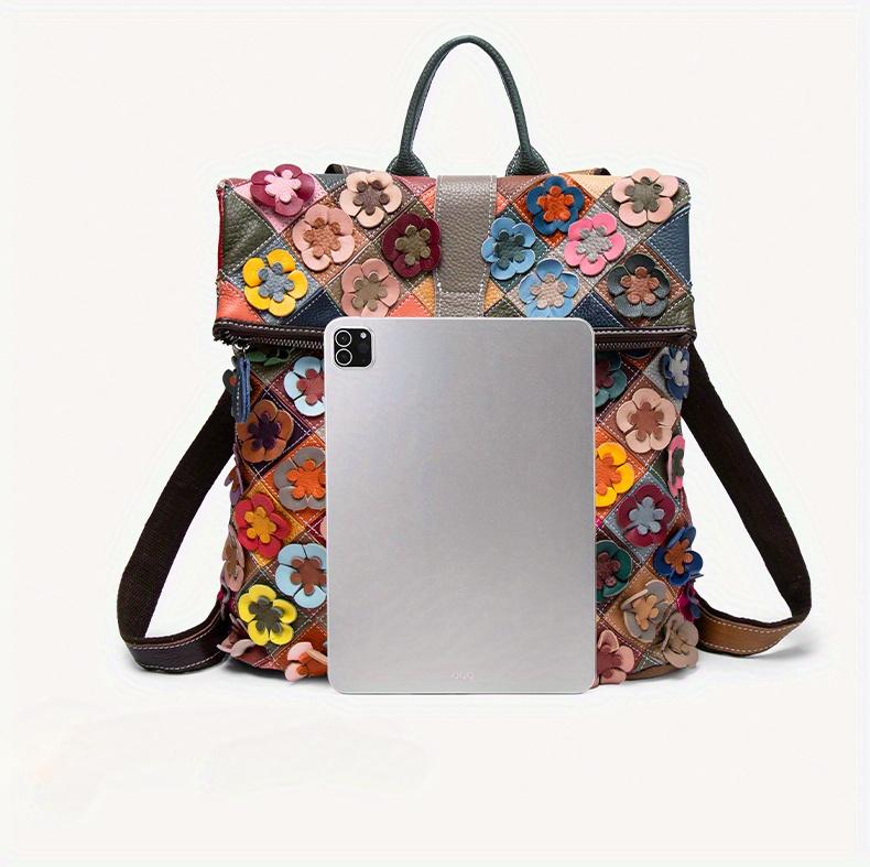 Women's Vintage Patchwork Backpack with 3D Flower Applique and Adjustable Straps