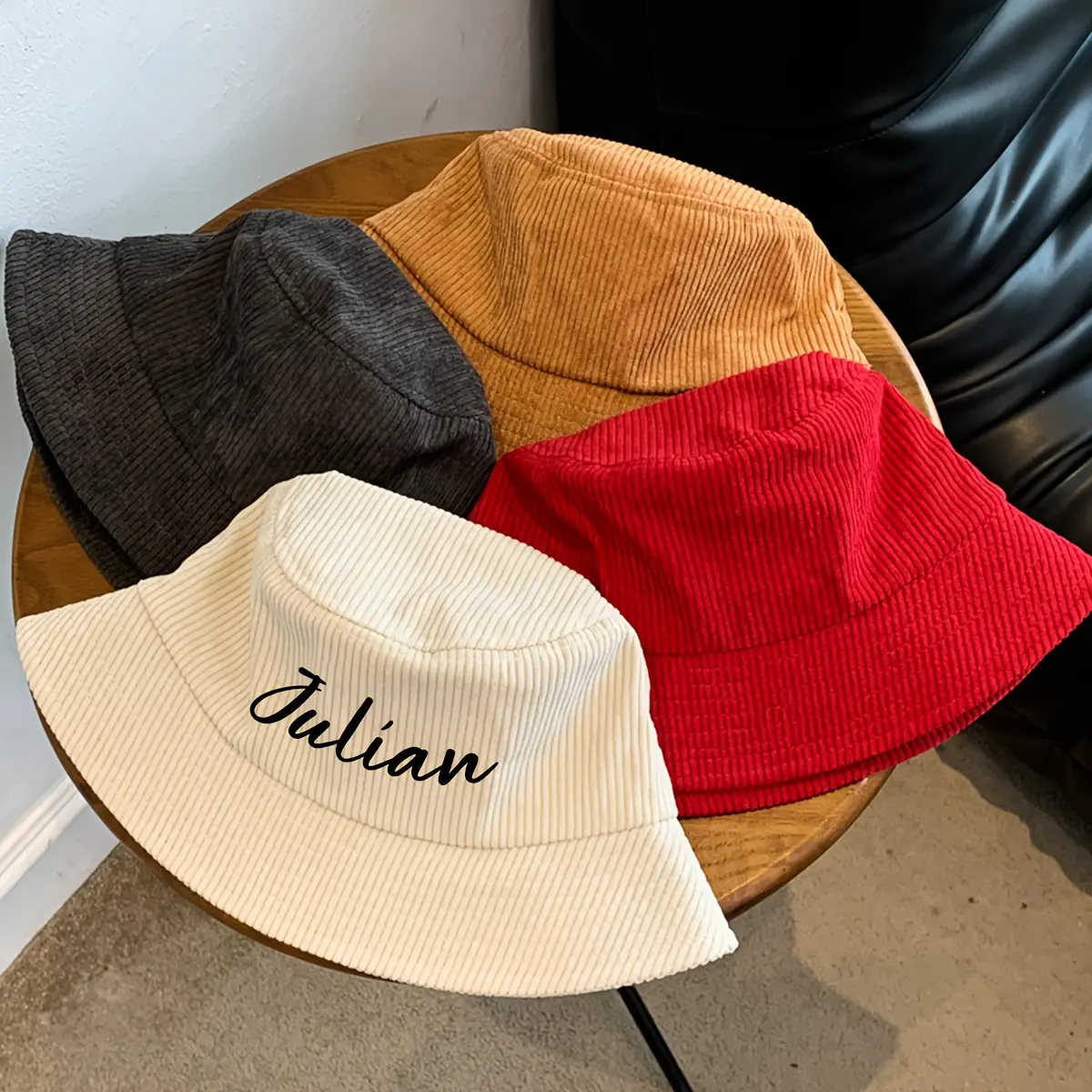 Customizable Corduroy Bucket Hat with Personalized Embroidery - Black, Casual & Stylish, Hand Wash or Dry Clean, Perfect for Casual Attire, Casual Headwear |         Stylish Bucket Hat |         Corduroy Material
