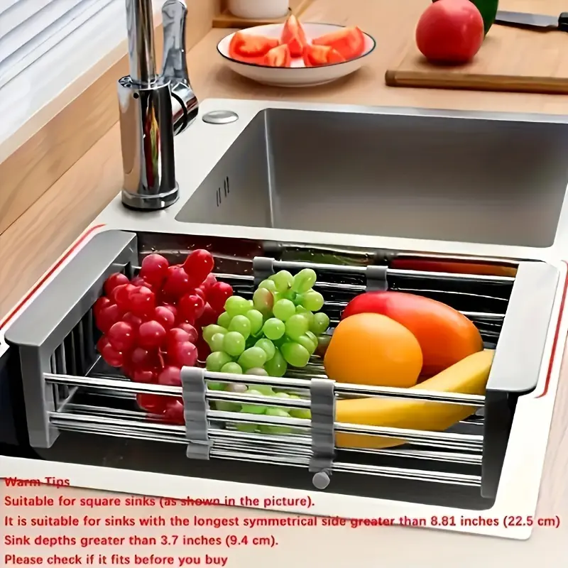 1pc, Sink Colander, Colander For Kitchen, Vegetable Sink Washing Basket, Fruit Drain Basket Rack, Stainless Steel Drain Basket, Filter Basket, Adjustable Sink Rack, Kitchen Strainer