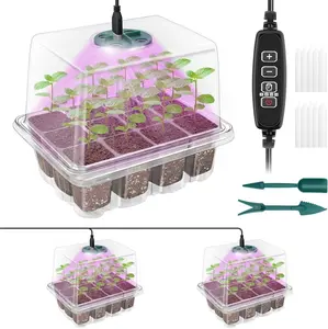 Seed Starter Tray with Plant Light, 2 Pack Grow Lights for Seed Starting Kit with Humidity Domes, Timing Controller Adjustable Brightness for Greenhouse Propagator Station Growing Transparent
