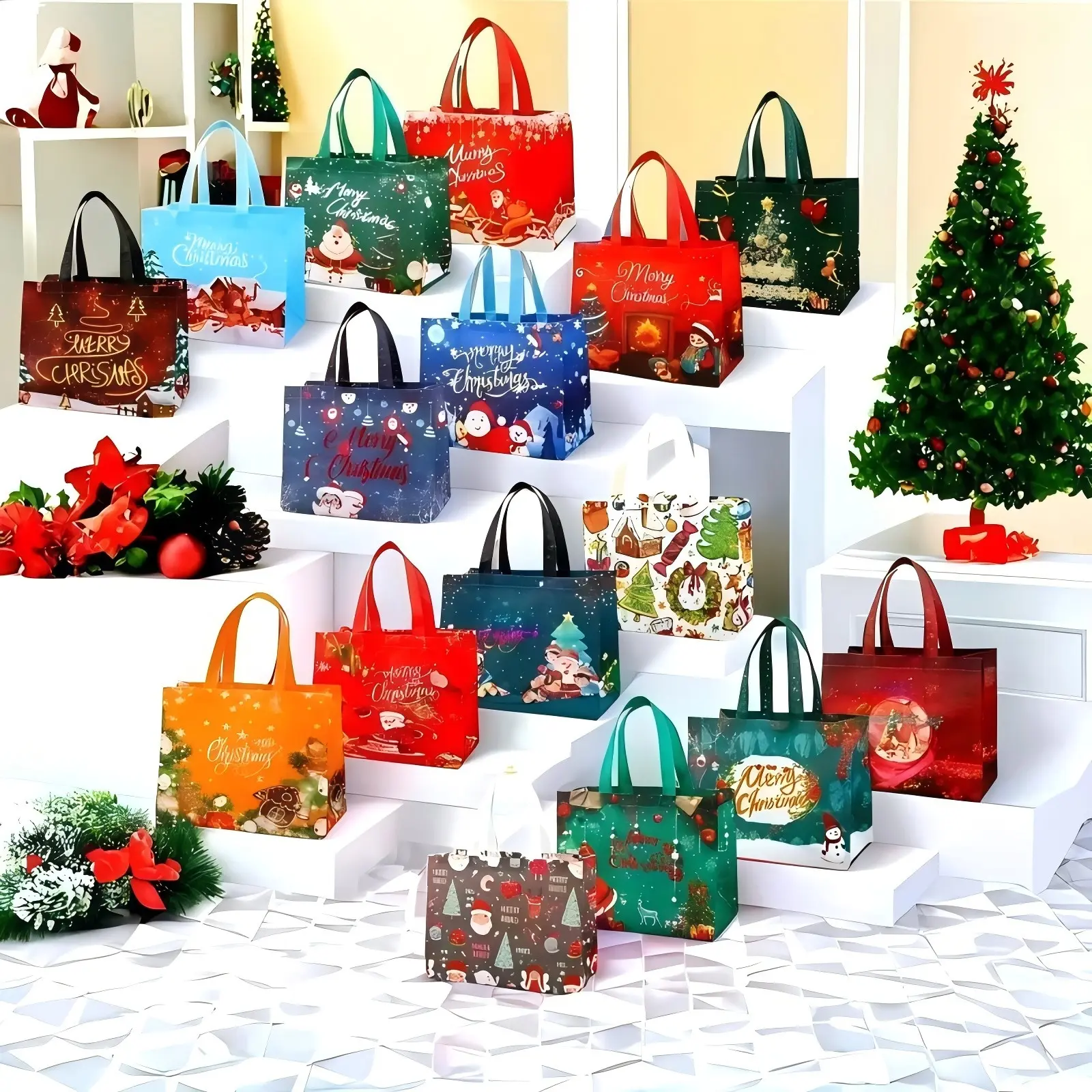 16 Pcs or 32 Pcs Christmas Gift Bags with Handles Insulated Reusable Bags Perfect for Gifts Picnics Parties Merry Christmas Design Candy Non-Woven Tote Decor Decoration