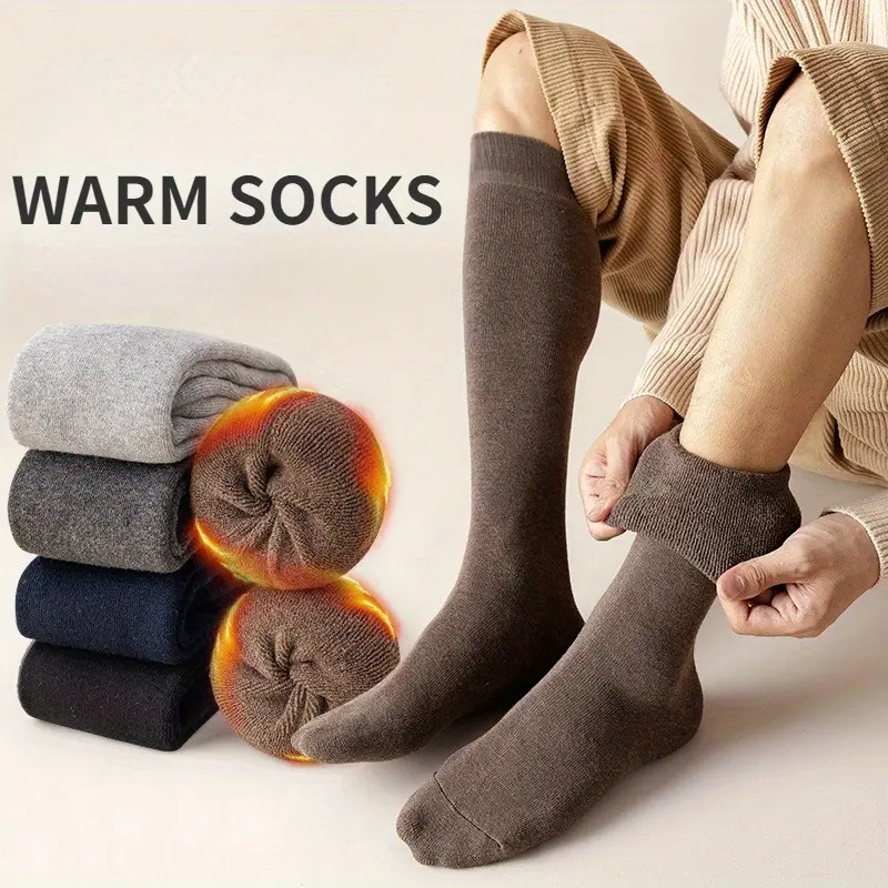Women's Solid Color 4-Pair Pack High-Tube Terry Cotton Socks, Thick Cotton Cold-Warm Leg Socks for Winter Menswear, Solid Color Socks