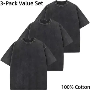 3 Pack Value Vintage Acid Washed Black Blank Oversized T Shirts 100% Pure Cotton Crew Neck Heavyweight Plain Drop Shoulder Tees Soft Breathable Loose Fit Blank Shirts For DIY Custom Printing Layering Streetwear Unisex Everyday Multipack Essential Basic