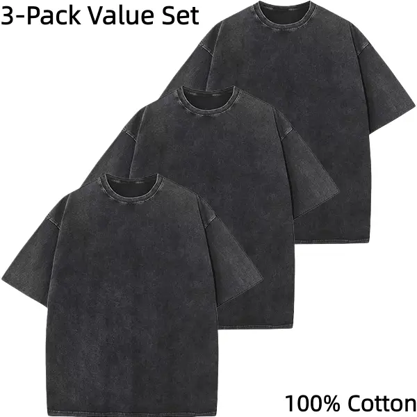 3 Pack Men's Vintage Acid Washed T-Shirts, Heavyweight 100% Cotton Short Sleeve Tops, Oversized Blank Round Neck Tees for Streetwear & DIY
