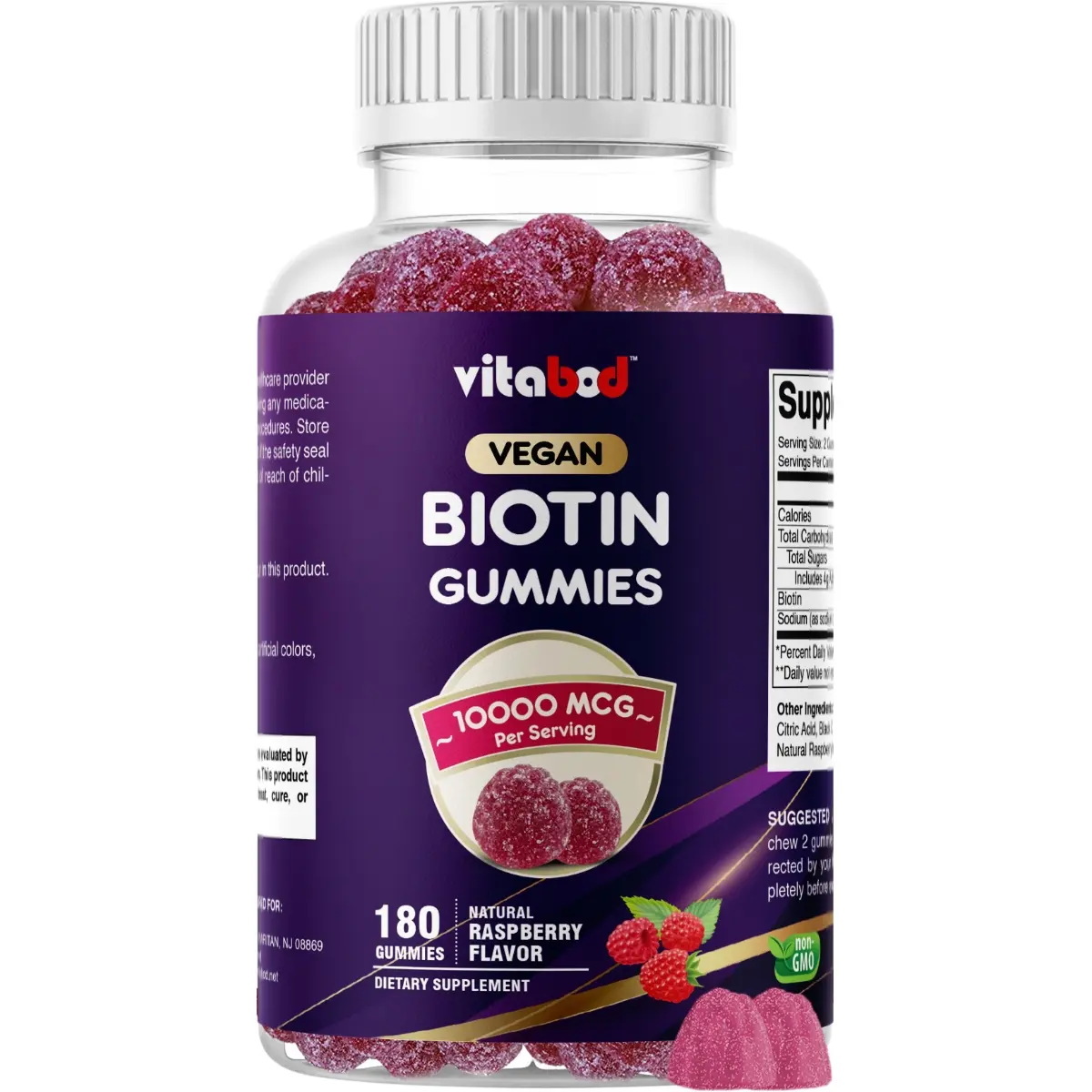 Vitabod Biotin Gummy Dietary Supplement - 10,000 mcg, 180 Vegan Plant-Based Chewables for Hair & Nail Care, Skin Support - Non-GMO, Gluten-Free, Delicious Flavor