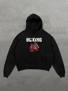 Men's Letter & Boxing Glove Print Drop Shoulder Thermal Lined Hoodie, Fashion Casual Regular Fit Drawstring Pocket Hooded Sweatshirt for Daily Holiday Outdoor Wear, Men Clothes for Fall & Winter