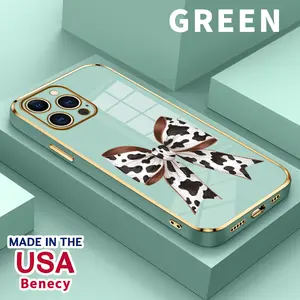 Soft Case for iPhone 15 Pro Max 16 14 Plus 13 12 11 X XS Max XR Trendy Cow Print Bow Luxury Golden Edge Electroplating TPU Full Camera Lens Protection Phone Cover for