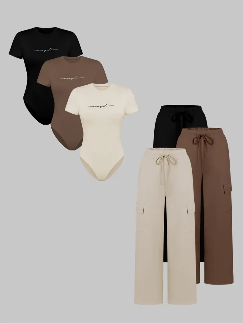 Women's Knit Letter Print Two-Piece Set, Casual Fitted Short Sleeve Jumpsuit & Long Pants, All Seasons Fashion