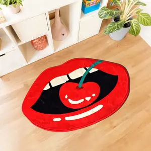 1pc Valentine Red-Lips-Cherry Faux-Wool Accent Rug｜Machine-Washable Quick-Absorb Non-Slip for Kitchen/Bath/Bedside/Entry, Multi-Size Seduction Gift, Home Decorative Rug