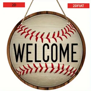 Welcome Sign Themed Around Baseball in a Design, a Wooden Round Door Hanger with Green Accents , Wall Decor in American Style , Versatile Use , Suitable for Homes, Cafes, Bars, And Garages