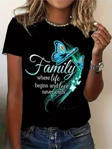 Wo Loose Fit Crew Neck T-Shirt - Artistic Green Butterfly and Inspirational Family Quotes Print, Machine Washable Casual Short Sleeve Top, Comfortable All-Season Wear for Everyday and, Durable Casualwear, Clothing, Breathable Material, Printed Tee