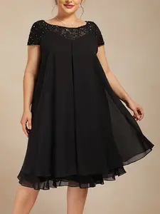 Plus Size Women's Casual Crew Neck Short Sleeve A-Line Dress - Black with Sequin Detailing, Machine Washable, Non-Stretch Fabric for Spring Summer Fall Womenswear Basic