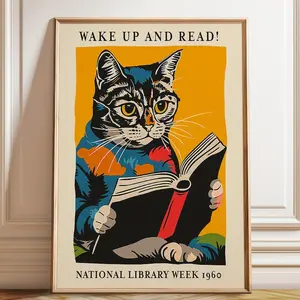 Cat Reading Poster: 1960 National Library Week Mid-Century Art