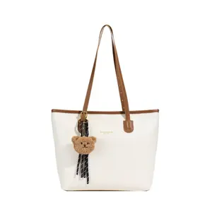GGGHHHHH - Stylish Beige Tote Bag with Brown Strap and Adorable Bear Charm for Everyday Use
