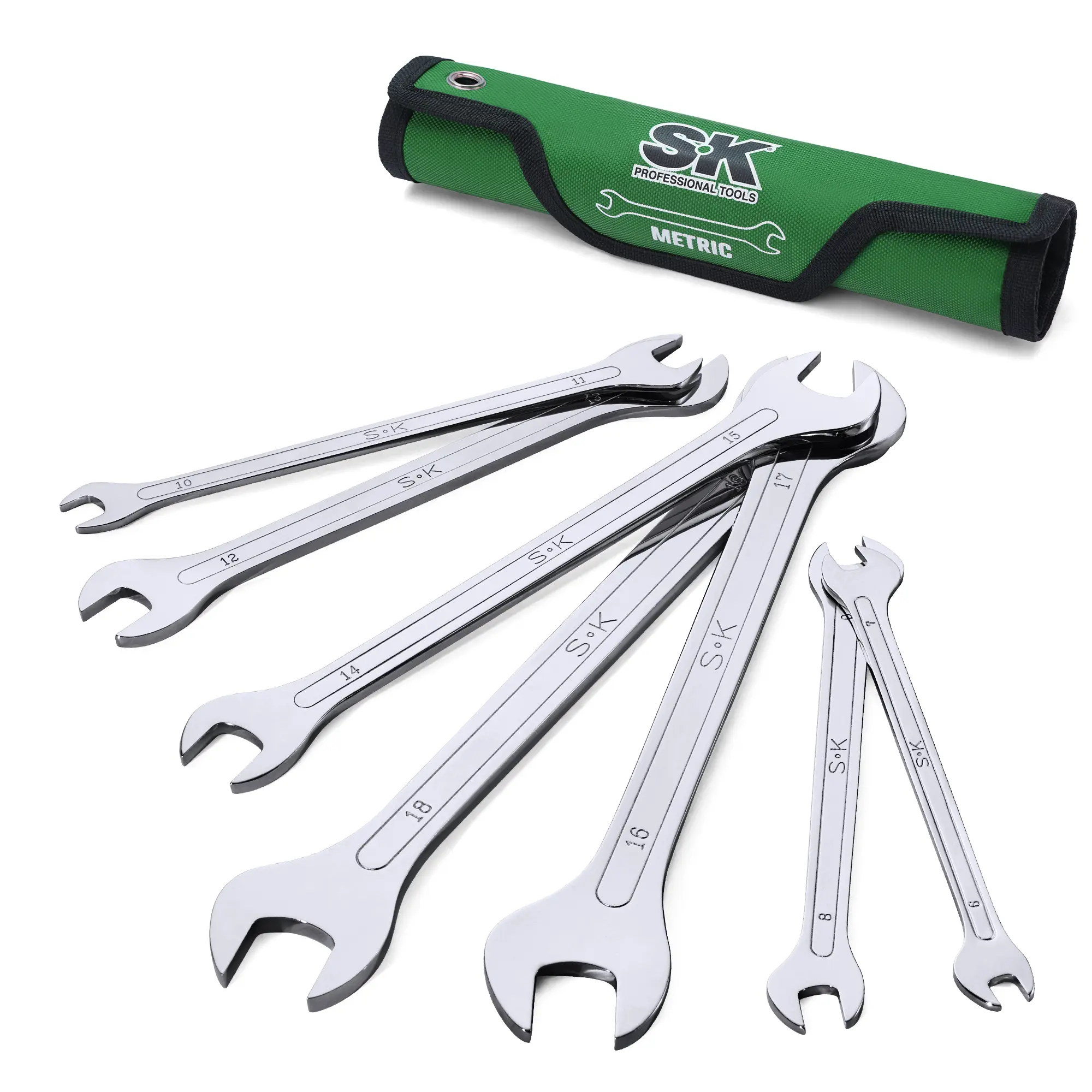 #toolupgrade SK Super-Thin Open End Wrench Set, Metric 6 to 19mm, 7-Piece, Mirror Krome Finish, Premium CR-MO Construction, with Rolling Pouch