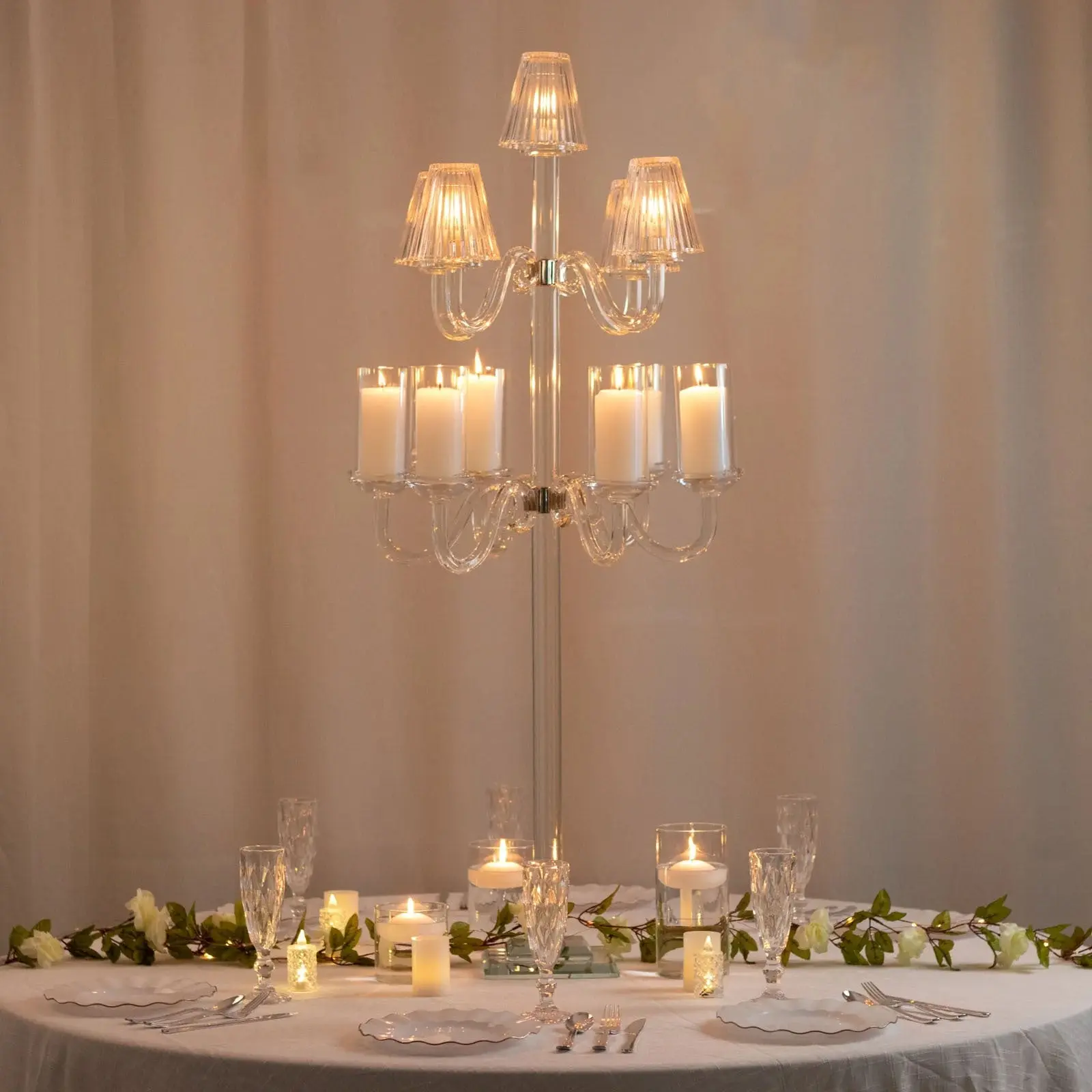 11-Arm Crystal Glass Candelabra Candlestick - 50in Floor Candle Holder for Taper & Tealight Candles, with Empire & Cylinder Lampshades, Ideal for Wedding Reception, Home Dining Decor, Home Supplies Decoration Items